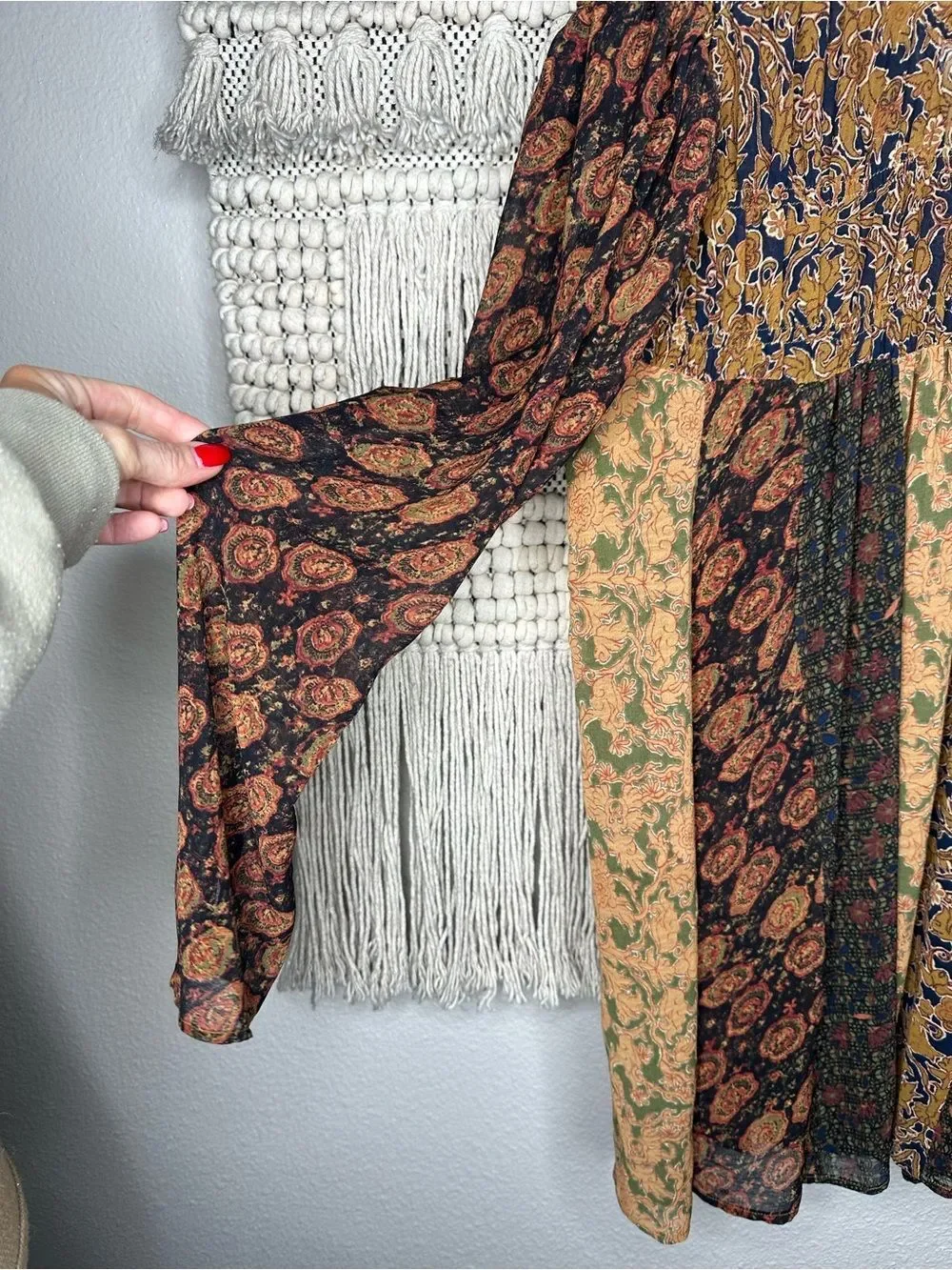 Boho Patchwork Peasant Blouse in Mustard & Black